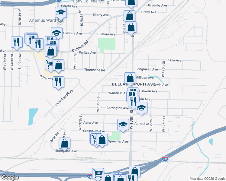 map of restaurants, bars, coffee shops, grocery stores, and more near 13308 Wilton Avenue in Cleveland