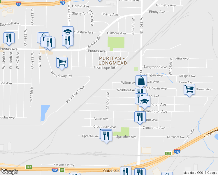 map of restaurants, bars, coffee shops, grocery stores, and more near 4568 West 134th Street in Cleveland