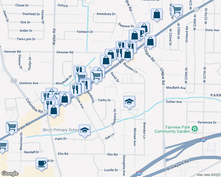 map of restaurants, bars, coffee shops, grocery stores, and more near 23845 David Drive in North Olmsted
