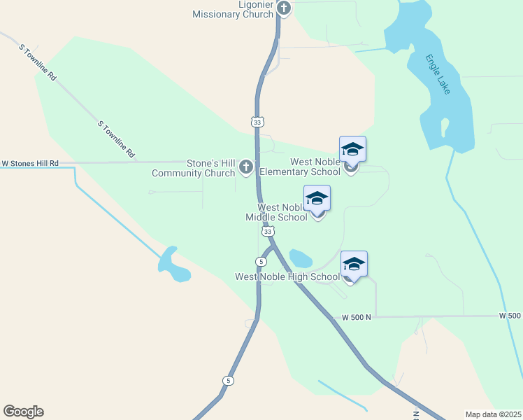map of restaurants, bars, coffee shops, grocery stores, and more near 5294 U.S. 33 in Ligonier