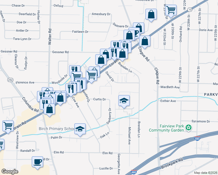 map of restaurants, bars, coffee shops, grocery stores, and more near 23845 David Drive in North Olmsted