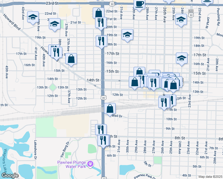 map of restaurants, bars, coffee shops, grocery stores, and more near 1301 32nd Avenue in Columbus