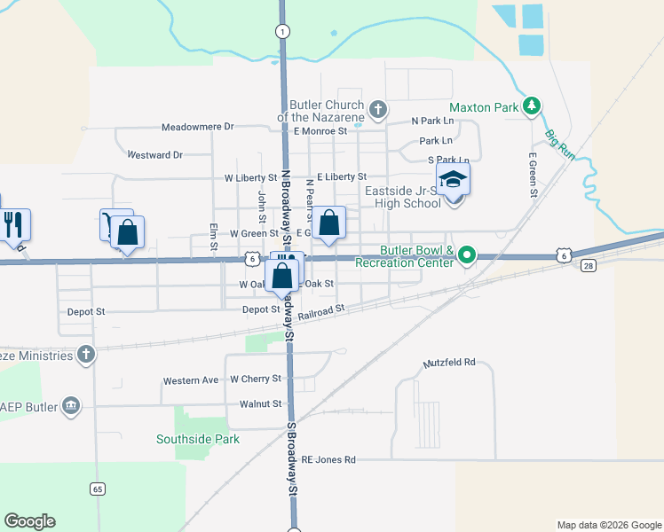 map of restaurants, bars, coffee shops, grocery stores, and more near 305 East Main Street in Butler