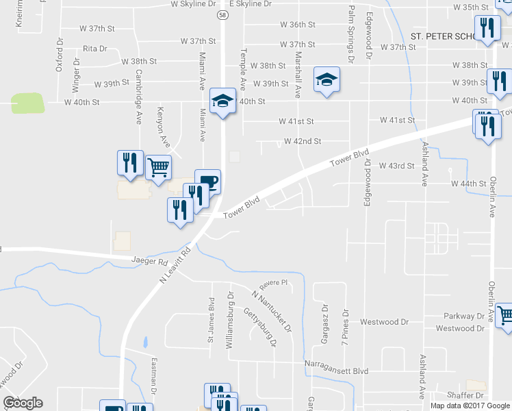 map of restaurants, bars, coffee shops, grocery stores, and more near 2205 Tower Boulevard in Lorain