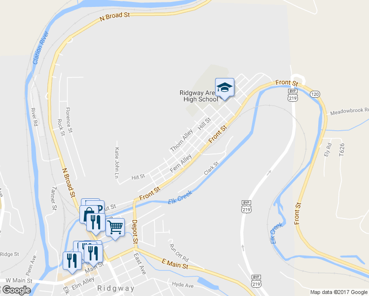 map of restaurants, bars, coffee shops, grocery stores, and more near 120 Van Buren Avenue in Ridgway