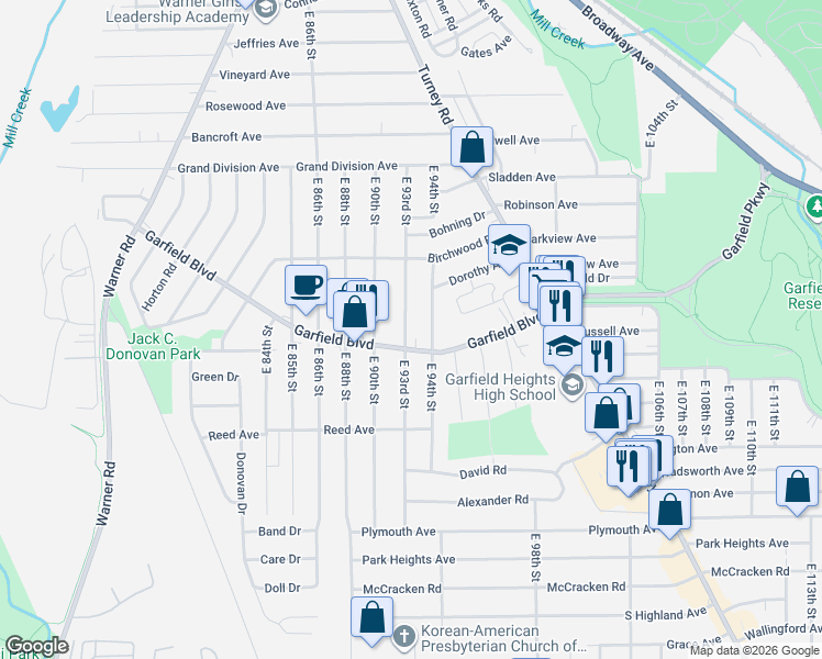 map of restaurants, bars, coffee shops, grocery stores, and more near 4757 East 93rd Street in Garfield Heights