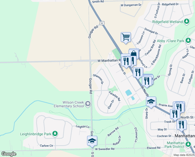 map of restaurants, bars, coffee shops, grocery stores, and more near 25101 Faraday Road in Manhattan
