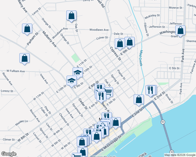 map of restaurants, bars, coffee shops, grocery stores, and more near 606 East 9th Street in Muscatine