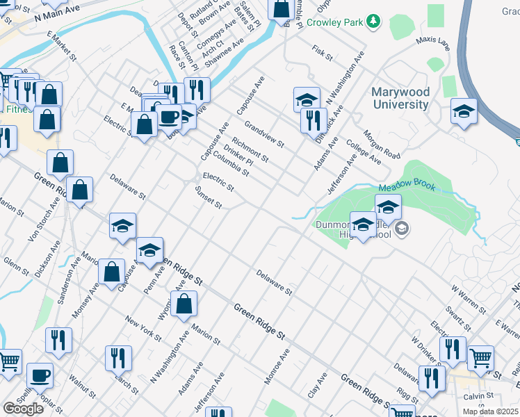 map of restaurants, bars, coffee shops, grocery stores, and more near 1800 North Washington Avenue in Scranton
