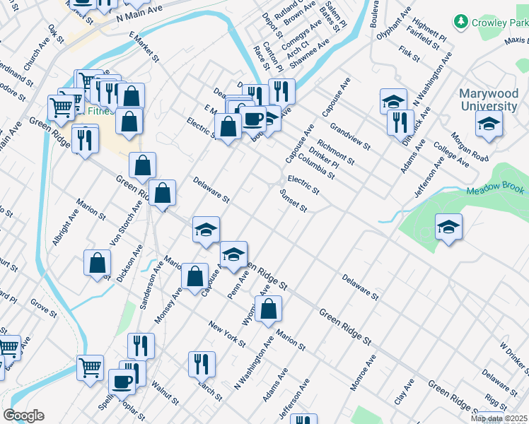 map of restaurants, bars, coffee shops, grocery stores, and more near 1740 Capouse Avenue in Scranton