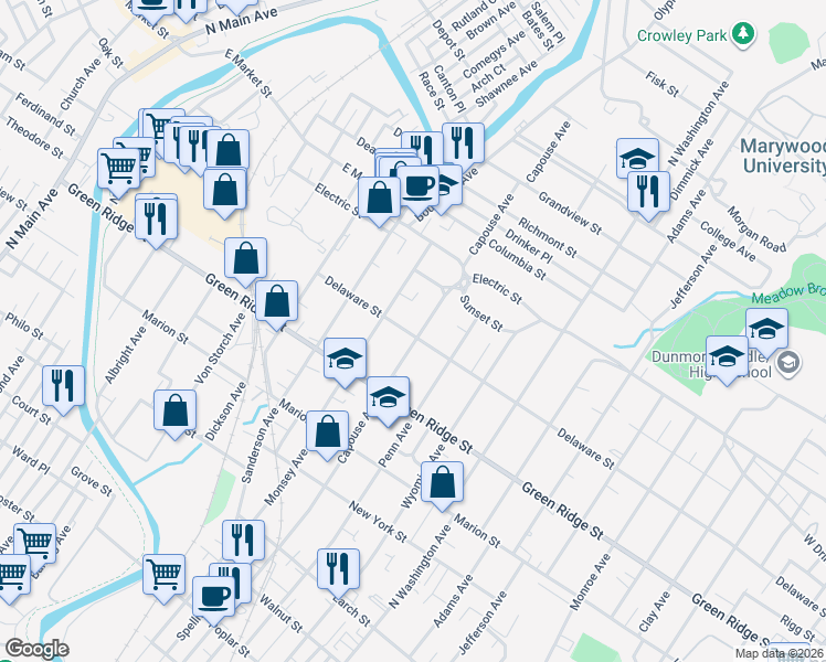 map of restaurants, bars, coffee shops, grocery stores, and more near 809 Delaware Street in Scranton
