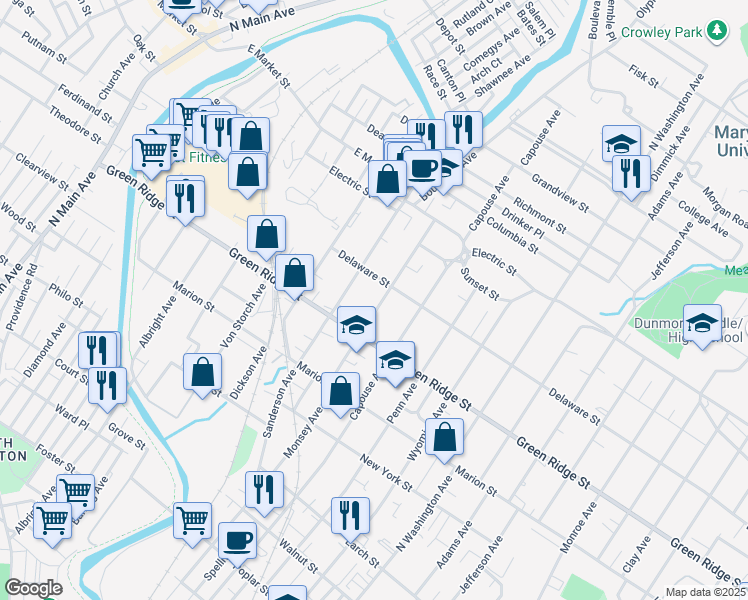 map of restaurants, bars, coffee shops, grocery stores, and more near 1643 Monsey Avenue in Scranton