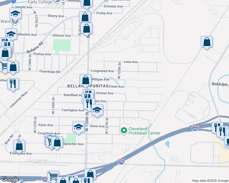 map of restaurants, bars, coffee shops, grocery stores, and more near 12617 Erwin Avenue in Cleveland