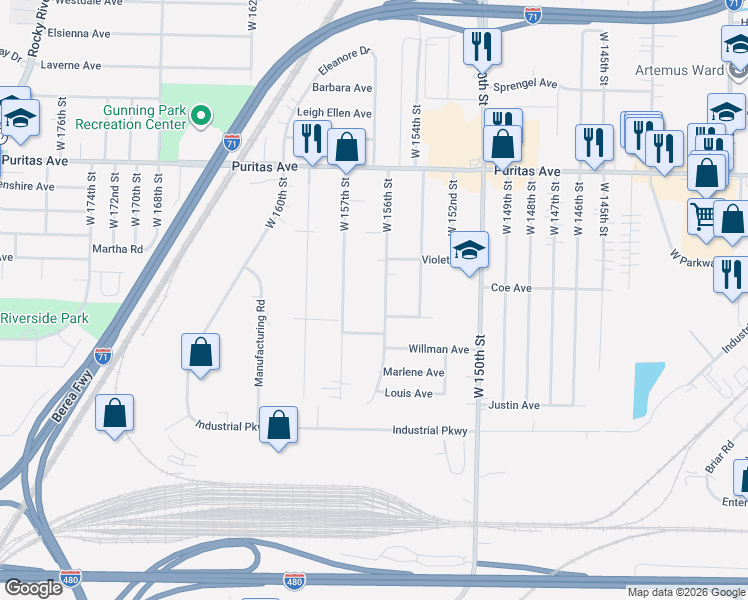 map of restaurants, bars, coffee shops, grocery stores, and more near 4562 West 156th Street in Cleveland