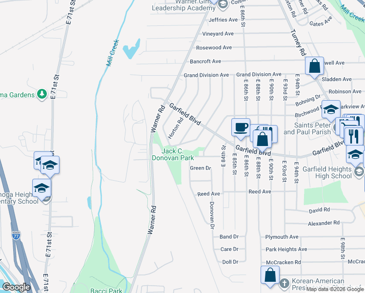 map of restaurants, bars, coffee shops, grocery stores, and more near 4813 Rockwood Road in Garfield Heights