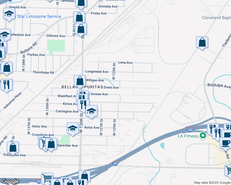 map of restaurants, bars, coffee shops, grocery stores, and more near 12406 Mcgowan Ave in Cleveland