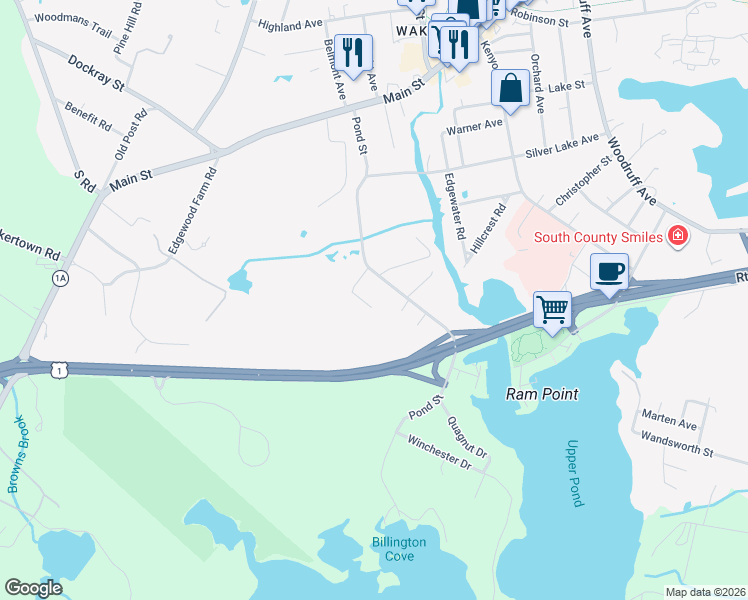 map of restaurants, bars, coffee shops, grocery stores, and more near 228 Pond Street in South Kingstown