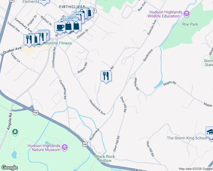 map of restaurants, bars, coffee shops, grocery stores, and more near 18 Ridge Road in Cornwall