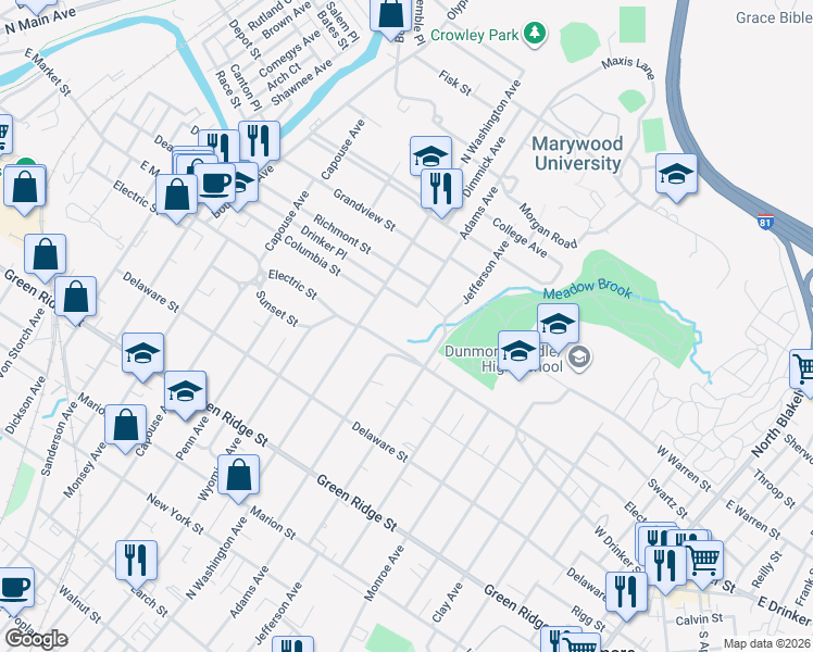 map of restaurants, bars, coffee shops, grocery stores, and more near 1800 North Washington Avenue in Scranton