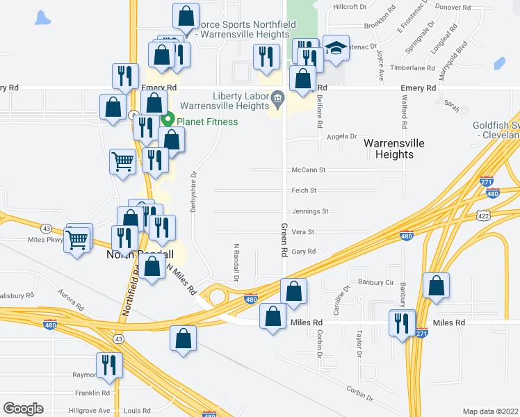 map of restaurants, bars, coffee shops, grocery stores, and more near 22801 Jennings St in Cleveland