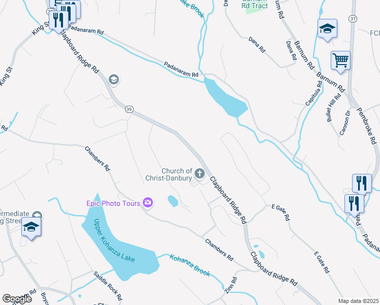map of restaurants, bars, coffee shops, grocery stores, and more near 92 Clapboard Ridge Road in Danbury