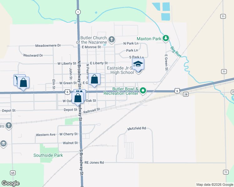 map of restaurants, bars, coffee shops, grocery stores, and more near 513 East Main Street in Butler