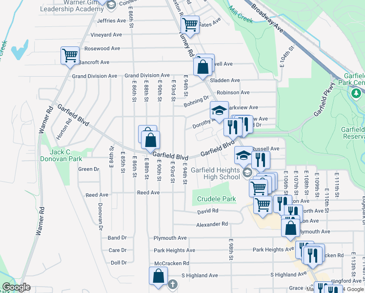 map of restaurants, bars, coffee shops, grocery stores, and more near 4772 East 94th Street in Garfield Heights