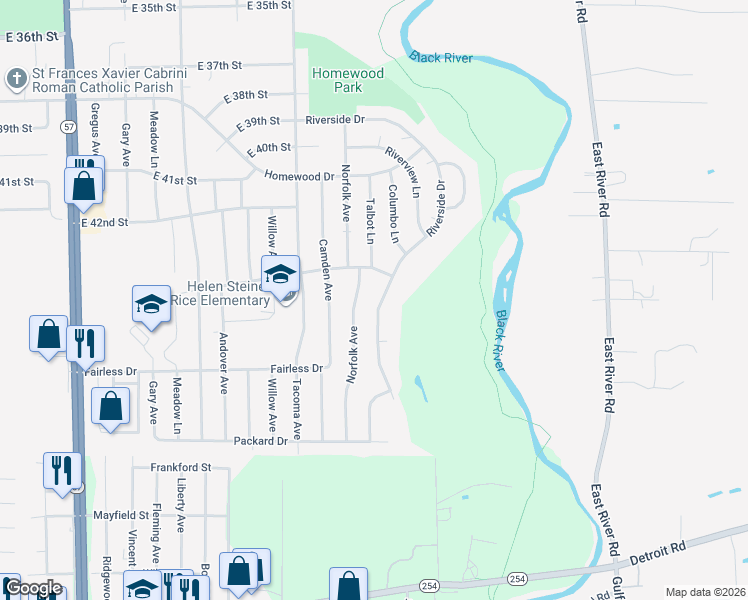 map of restaurants, bars, coffee shops, grocery stores, and more near 4418 Riverside Drive in Lorain