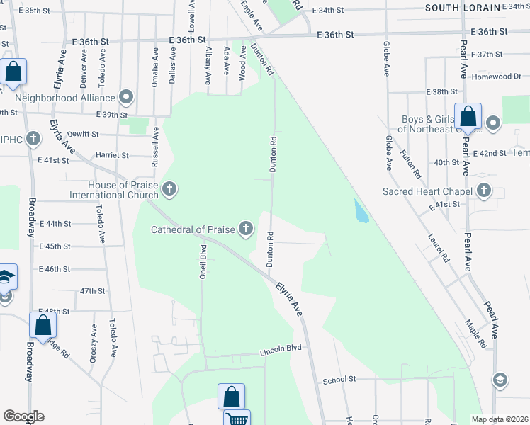 map of restaurants, bars, coffee shops, grocery stores, and more near 4400 Dunton Road in Lorain