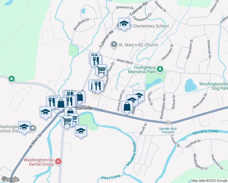 map of restaurants, bars, coffee shops, grocery stores, and more near 27 Moore Lane in Washingtonville