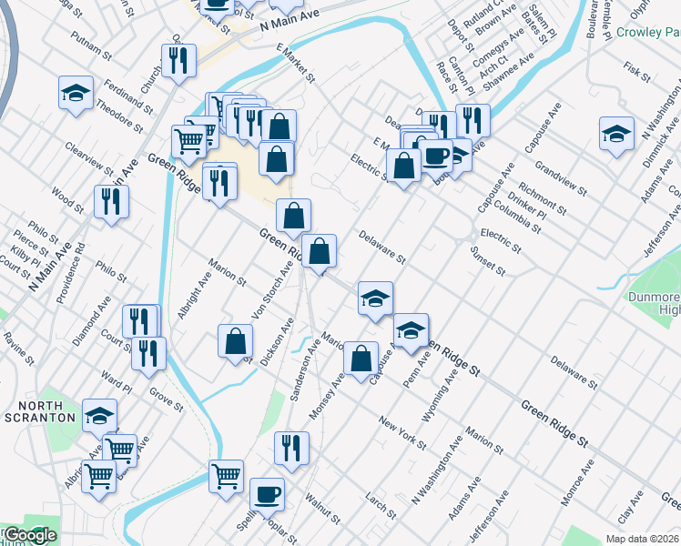 map of restaurants, bars, coffee shops, grocery stores, and more near 1612 Dickson Avenue in Scranton