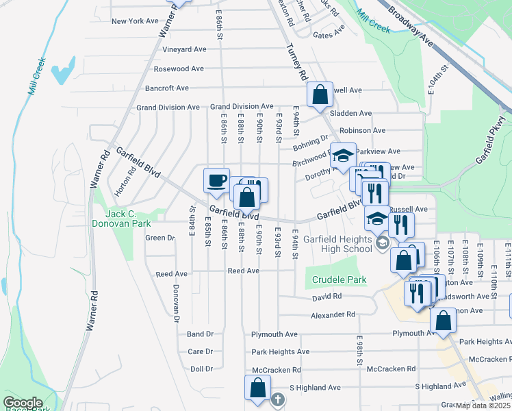 map of restaurants, bars, coffee shops, grocery stores, and more near 4757 East 90th Street in Garfield Heights