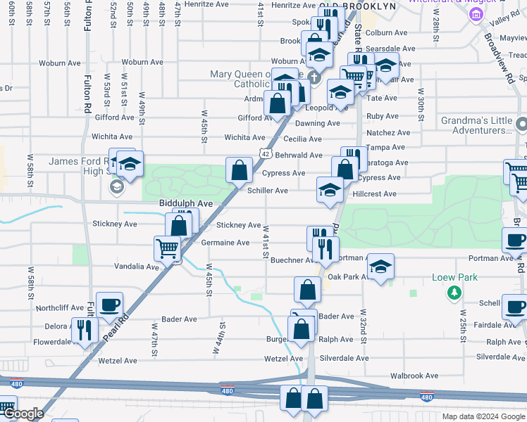 map of restaurants, bars, coffee shops, grocery stores, and more near 4016 Biddulph Avenue in Cleveland