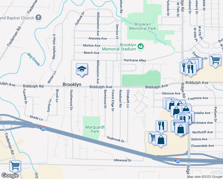 map of restaurants, bars, coffee shops, grocery stores, and more near 8702 Biddulph Road in Brooklyn
