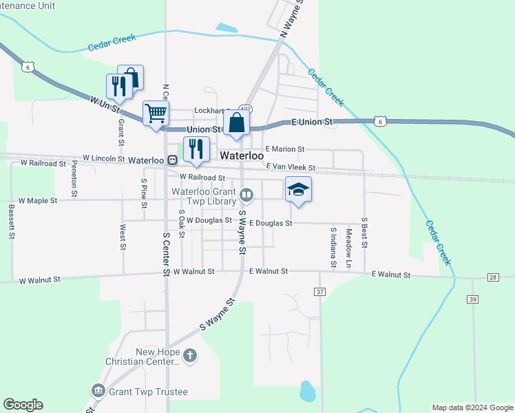 map of restaurants, bars, coffee shops, grocery stores, and more near 200-220 East Maple Street in Waterloo