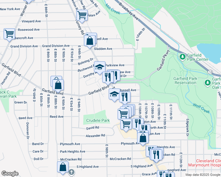 map of restaurants, bars, coffee shops, grocery stores, and more near 4750 Turney Road in Garfield Heights