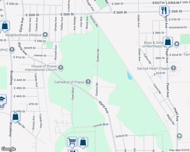 map of restaurants, bars, coffee shops, grocery stores, and more near 4400 Dunton Road in Lorain