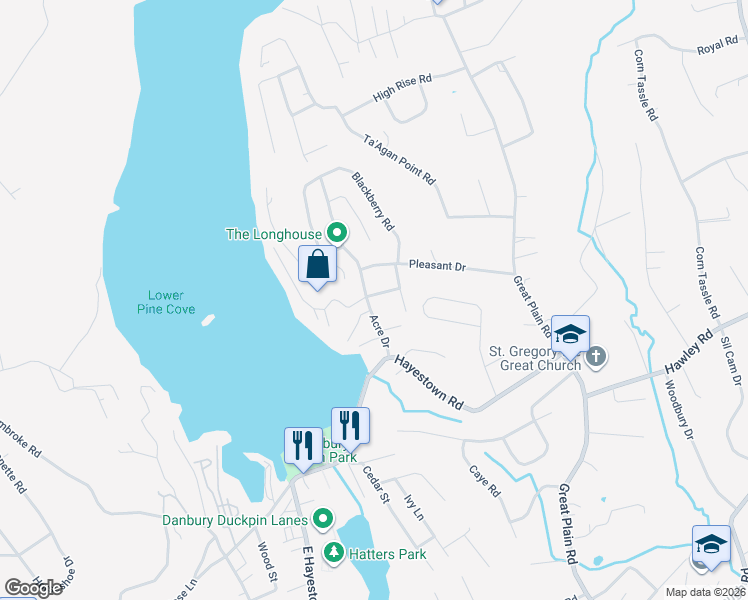 map of restaurants, bars, coffee shops, grocery stores, and more near 15 Acre Drive in Danbury