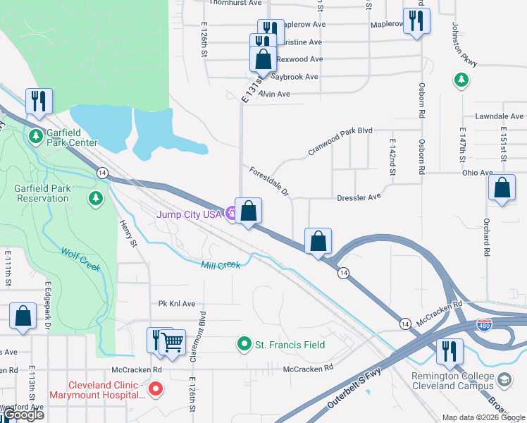 map of restaurants, bars, coffee shops, grocery stores, and more near 13135 Broadway Avenue in Garfield Heights