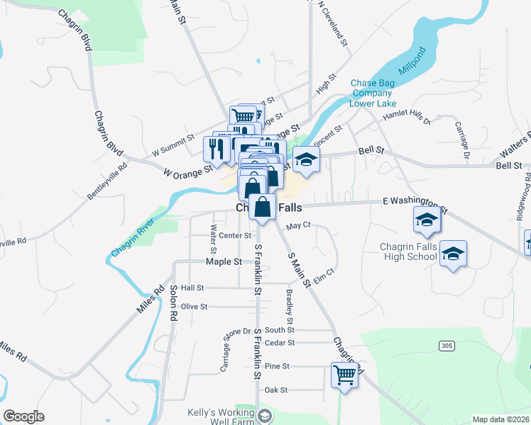 map of restaurants, bars, coffee shops, grocery stores, and more near in Chagrin Falls