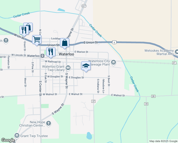 map of restaurants, bars, coffee shops, grocery stores, and more near 300 East Douglas Street in Waterloo