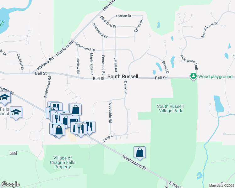 map of restaurants, bars, coffee shops, grocery stores, and more near 35 Woodside Road in Chagrin Falls