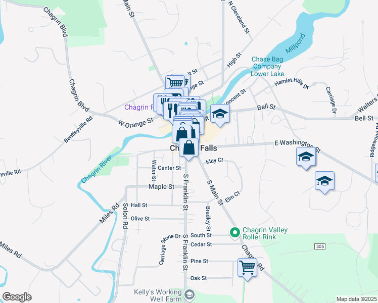 map of restaurants, bars, coffee shops, grocery stores, and more near in Chagrin Falls