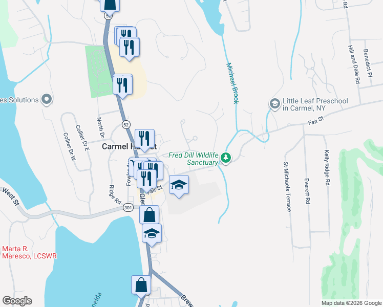 map of restaurants, bars, coffee shops, grocery stores, and more near 32 Woodland Trail in Carmel Hamlet