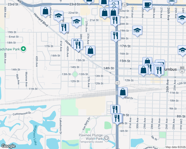 map of restaurants, bars, coffee shops, grocery stores, and more near 3606 13th Street in Columbus