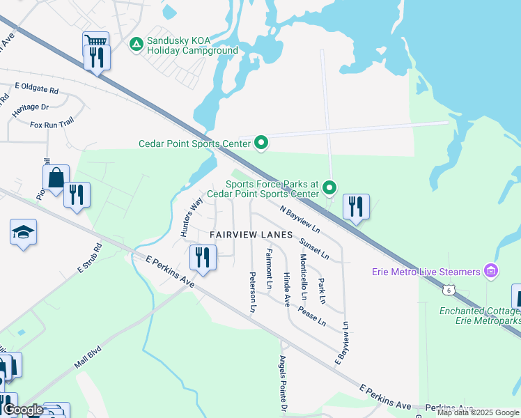 map of restaurants, bars, coffee shops, grocery stores, and more near 2514 Peterson Lane in Sandusky