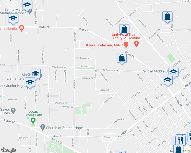 map of restaurants, bars, coffee shops, grocery stores, and more near 1507 Buell Street in Muscatine