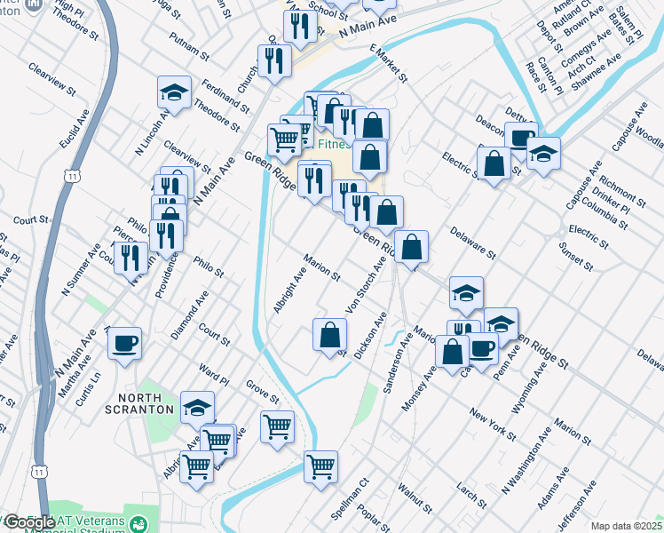 map of restaurants, bars, coffee shops, grocery stores, and more near 1515 Meylert Avenue in Scranton