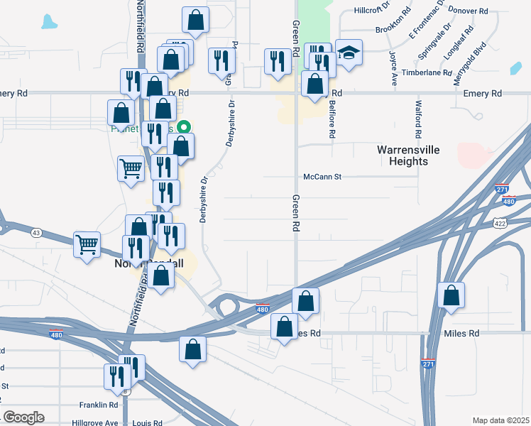 map of restaurants, bars, coffee shops, grocery stores, and more near 22710 Felch Street in Warrensville Heights