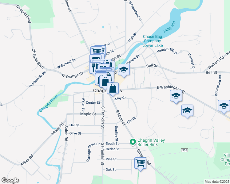 map of restaurants, bars, coffee shops, grocery stores, and more near 44 East Washington Street in Chagrin Falls